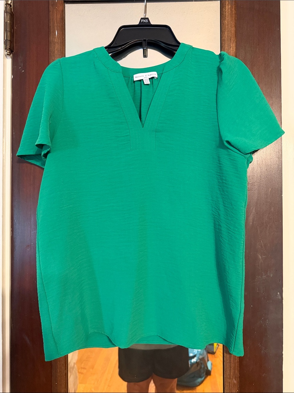 Women's Emerald Green Short Sleeve Split-Neck Blouse